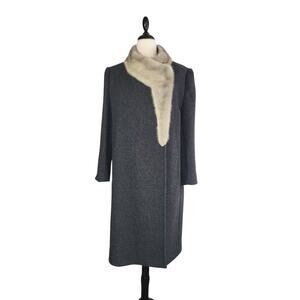 VTG Wool Dress Coat Large Gray Fur Trim Old Hollywood Mob Wife PennyLane Luxury